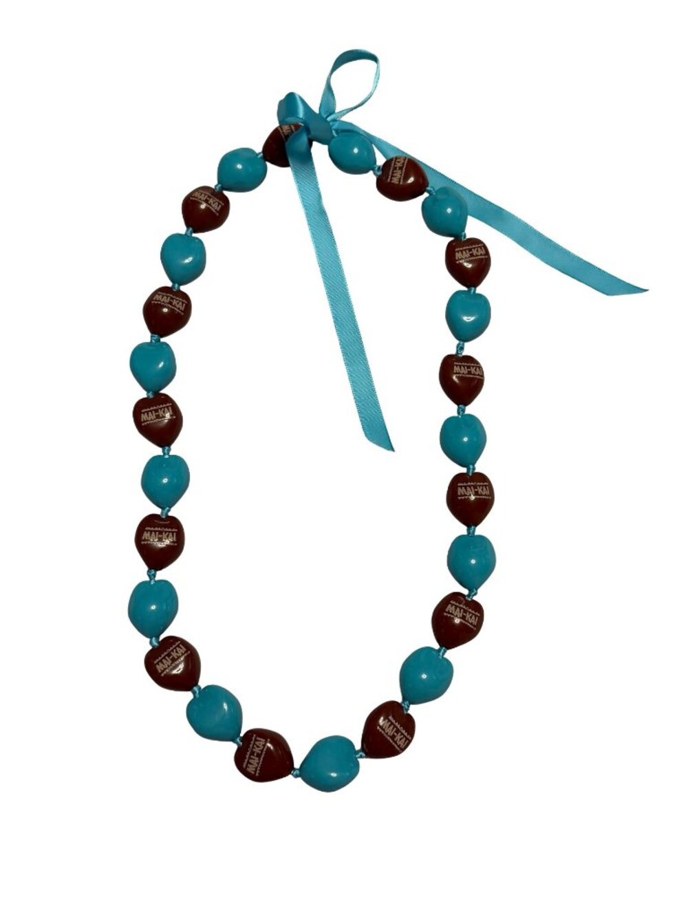 Vintage Mai Kai Tiki Bead Necklace Turquoise Brown Ribbon Tie 28” Hawaii Souveni